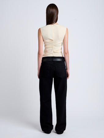 Proenza Schouler Back full length image of model wearing Anoushka Top in Linen Slub in Light Wheat