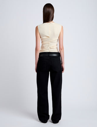 Proenza Schouler Back full length image of model wearing Anoushka Top in Linen Slub in Light Wheat