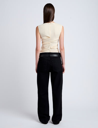 Proenza Schouler Back full length image of model wearing Anoushka Top in Linen Slub in Light Wheat