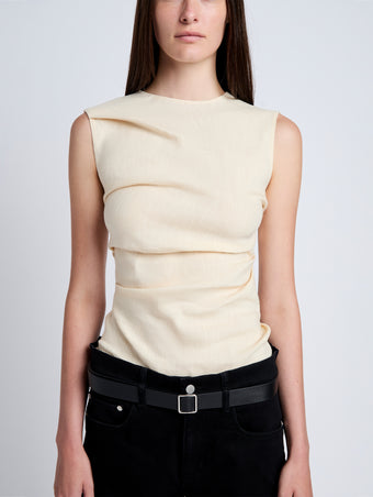 Proenza Schouler Detail image of model wearing Anoushka Top in Linen Slub in Light Wheat