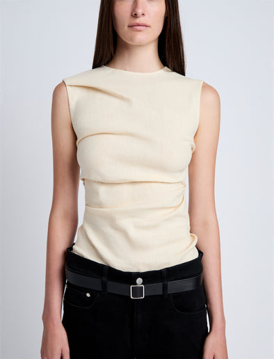 Proenza Schouler Detail image of model wearing Anoushka Top in Linen Slub in Light Wheat