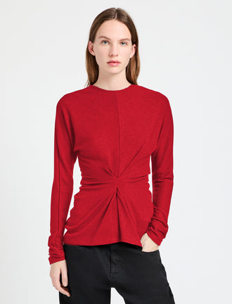 Proenza Schouler Front cropped image of model wearing Heather Top in Twisted Rib in Dark Poppy