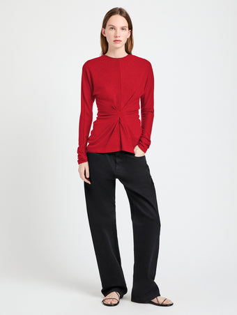 Proenza Schouler Front full length image of model wearing Heather Top in Twisted Rib in Dark Poppy