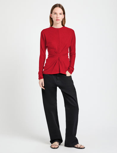 Proenza Schouler Front full length image of model wearing Heather Top in Twisted Rib in Dark Poppy