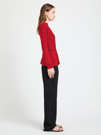 Proenza Schouler Side full length image of model wearing Heather Top in Twisted Rib in Dark Poppy