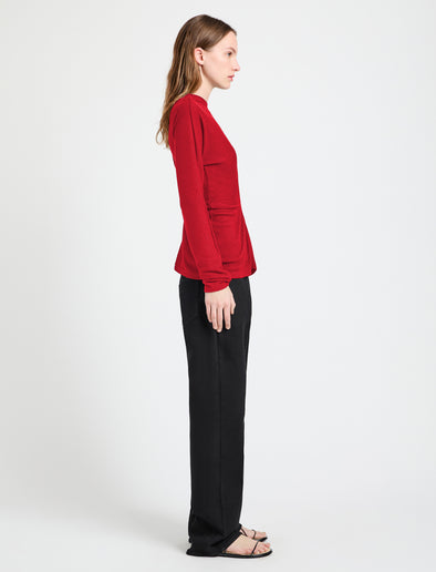 Proenza Schouler Side full length image of model wearing Heather Top in Twisted Rib in Dark Poppy