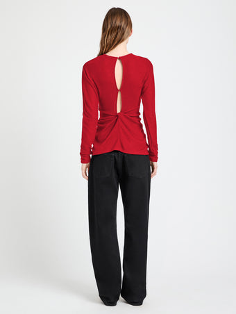 Proenza Schouler Back full length image of model wearing Heather Top in Twisted Rib in Dark Poppy