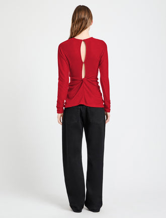 Proenza Schouler Back full length image of model wearing Heather Top in Twisted Rib in Dark Poppy