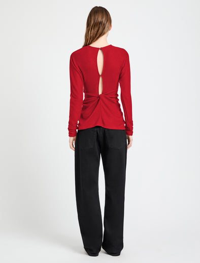 Proenza Schouler Back full length image of model wearing Heather Top in Twisted Rib in Dark Poppy