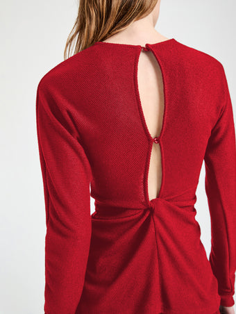 Proenza Schouler Detail image of model wearing Heather Top in Twisted Rib in Dark Poppy