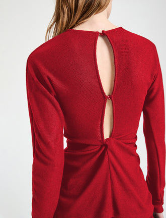 Proenza Schouler Detail image of model wearing Heather Top in Twisted Rib in Dark Poppy