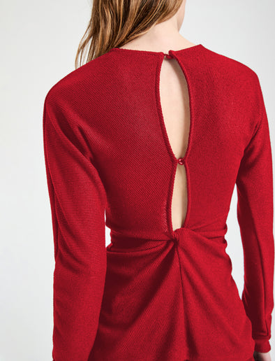 Proenza Schouler Detail image of model wearing Heather Top in Twisted Rib in Dark Poppy