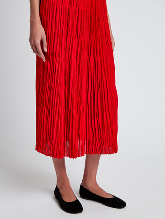 Proenza Schouler Detail image of model wearing Rosalyn Skirt in Pleated Jersey in Dark Poppy