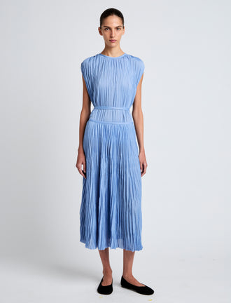 Proenza Schouler Front full length image of model wearing Rosalyn Skirt in Pleated Jersey in Pool
