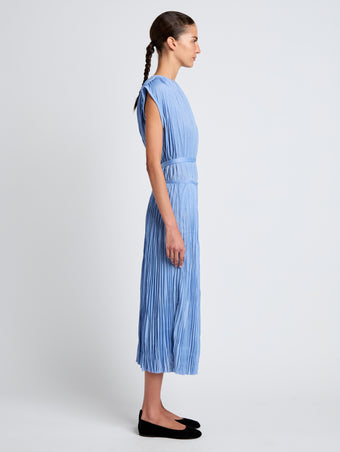 Proenza Schouler Side full length image of model wearing Rosalyn Skirt in Pleated Jersey in Pool