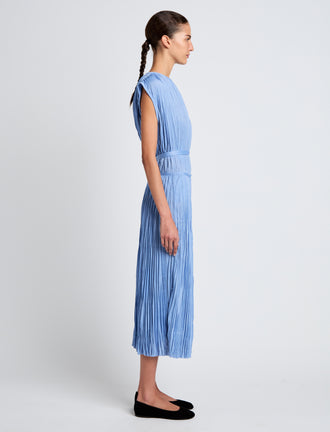 Proenza Schouler Side full length image of model wearing Rosalyn Skirt in Pleated Jersey in Pool