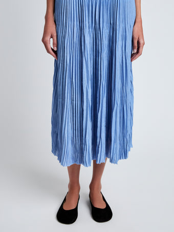 Proenza Schouler Detail image of model wearing Rosalyn Skirt in Pleated Jersey in Pool