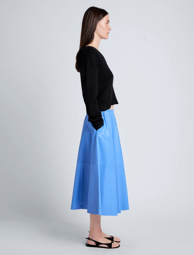 Proenza Schouler Side full length image of model wearing Cece Skirt in Lightweight Nappa in Pool