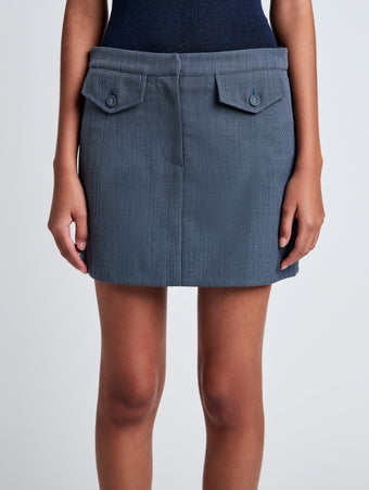 Proenza Schouler Detail image of model wearing Jamison Skirt in Wool Melange in Denim