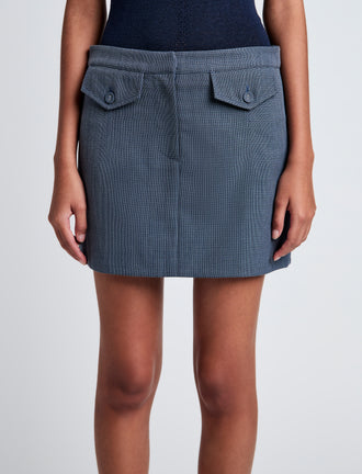 Proenza Schouler Detail image of model wearing Jamison Skirt in Wool Melange in Denim