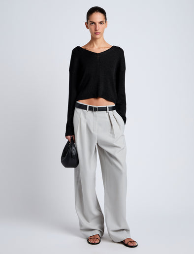 Proenza Schouler Front full length image of model wearing Eleanor Pant in Wool Melange in Light Grey