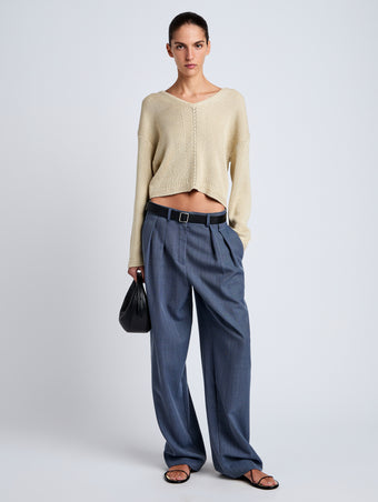 Proenza Schouler Front full length image of model wearing Eleanor Pant in Wool Melange in Denim