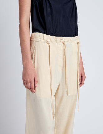 Proenza Schouler Detail image of model wearing Magnus Pant in Linen Slub in Light Wheat