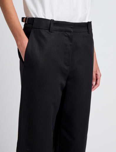 Proenza Schouler Detail image of model wearing Cali Pant in Stretch Cotton Suiting in Black