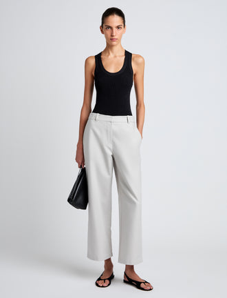 Proenza Schouler Front full length image of model wearing Cali Pant in Stretch Cotton Suiting in Pale Grey