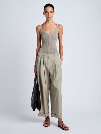 Proenza Schouler Front full length image of model wearing Kyle Pant in Brushed Poplin in Granite