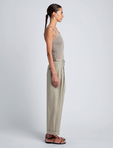 Proenza Schouler Side full length image of model wearing Kyle Pant in Brushed Poplin in Granite