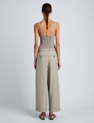 Proenza Schouler Back full length image of model wearing Kyle Pant in Brushed Poplin in Granite