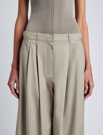 Proenza Schouler Detail image of model wearing Kyle Pant in Brushed Poplin in Granite
