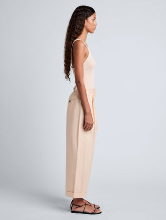 Proenza Schouler Side full length image of model wearing Kyle Pant in Brushed Poplin in Light Rose
