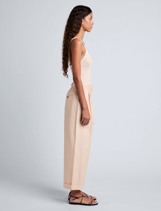 Proenza Schouler Side full length image of model wearing Kyle Pant in Brushed Poplin in Light Rose