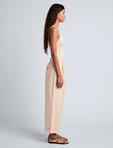 Proenza Schouler Side full length image of model wearing Kyle Pant in Brushed Poplin in Light Rose