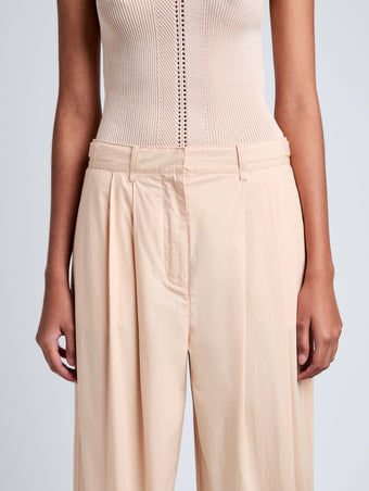 Proenza Schouler Detail image of model wearing Kyle Pant in Brushed Poplin in Light Rose