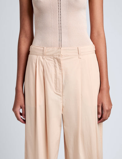 Proenza Schouler Detail image of model wearing Kyle Pant in Brushed Poplin in Light Rose