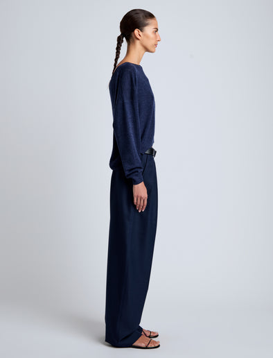 Proenza Schouler Side full length image of model wearing Conley Knit Sweater in Lightweight Merino in Navy Melange