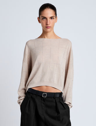 Proenza Schouler Front cropped image of model wearing Conley Knit Sweater in Lightweight Merino in Light Rose Melange