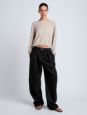 Proenza Schouler Front full length image of model wearing Conley Knit Sweater in Lightweight Merino in Light Rose Melange