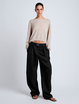 Proenza Schouler Front full length image of model wearing Conley Knit Sweater in Lightweight Merino in Light Rose Melange