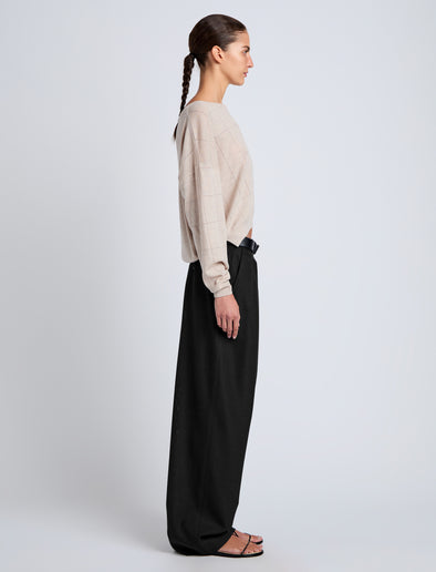 Proenza Schouler Side full length image of model wearing Conley Knit Sweater in Lightweight Merino in Light Rose Melange