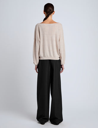 Proenza Schouler Back full length image of model wearing Conley Knit Sweater in Lightweight Merino in Light Rose Melange