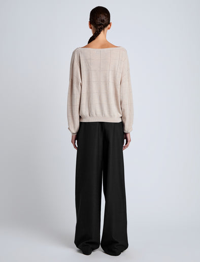 Proenza Schouler Back full length image of model wearing Conley Knit Sweater in Lightweight Merino in Light Rose Melange