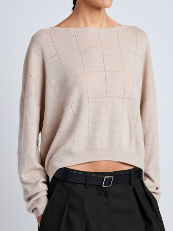 Proenza Schouler Detail image of model wearing Conley Knit Sweater in Lightweight Merino in Light Rose Melange