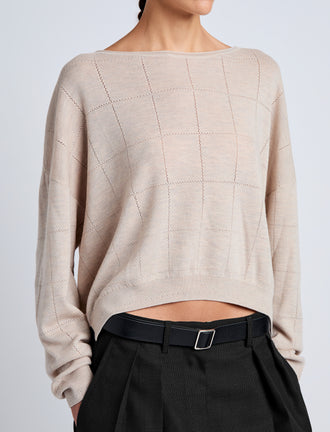 Proenza Schouler Detail image of model wearing Conley Knit Sweater in Lightweight Merino in Light Rose Melange