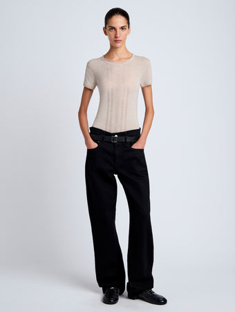 Proenza Schouler Front full length image of model wearing Blaine Knit Shirt in Lightweight Merino in Light Rose Melange