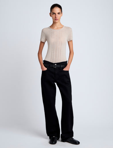 Proenza Schouler Front full length image of model wearing Blaine Knit Shirt in Lightweight Merino in Light Rose Melange
