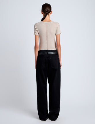 Proenza Schouler Back full length image of model wearing Blaine Knit Shirt in Lightweight Merino in Light Rose Melange